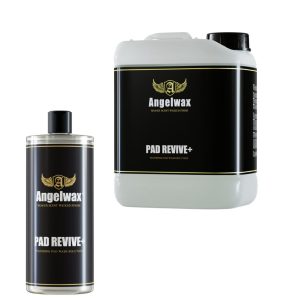 1 litre bottle and 5 litre jerrycan both containing a pad wash solution called Pad Revive Plus by Angelwax.