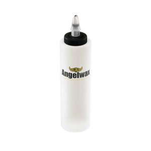 Translucent white plastic compound dispenser bottle by Angelwax.