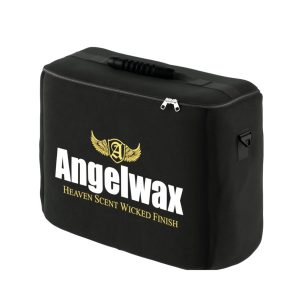 Padded black bag with zipper. Stamped on the front is the Angelwax logo and slogan.