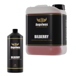 1 litre bottle and 5 litre jerrycan both containing a concentrated superior wheel cleaner called Bilberry, by Angelwax.