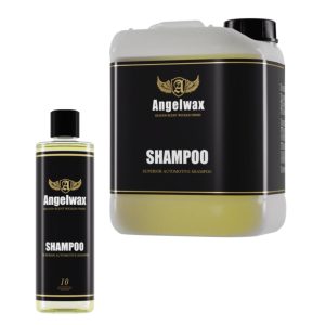 Plastic jerrycan and matching bottle, both containing Shampoo by Angelwax.