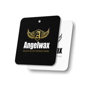 Two square flat paper air fresheners behind each other, one in black and the other in white, both with Angelwax logo and slogan.