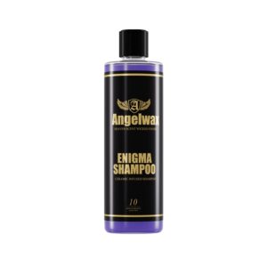 Transparent plastic bottle full of Enigma Shampoo by Angelwax.