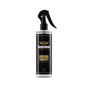 Transparent bottle containing a ceramic leather coating called Enigma Trinity by Angelwax.