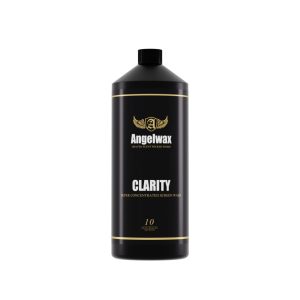 Black plastic bottle containing a super concentrated screen wash called Clarity by Angelwax.