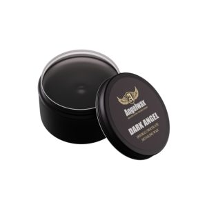 Black tin with open lid. Inside is black Dark Angel Double Chocolate Detailing Wax by Angelwax Logo.