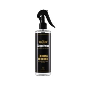 Transparent bottle containing an interior ceramic trim dressing called Enigma Interno by Angelwax.