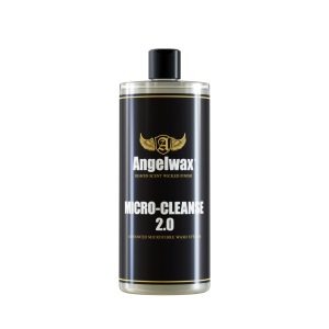 A transparent bottle containing Micro-Cleanse 2.0, an advanced microfiber wash liquid by Angelwax.