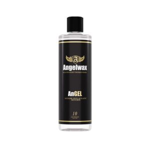 Transparent bottle containing an interior vinyl and plastic restorer called AnGEL by Angelwax.