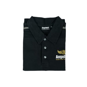 Folded black polo shirt with three buttons at the collar and half of the Angelwax logo showing to one side.