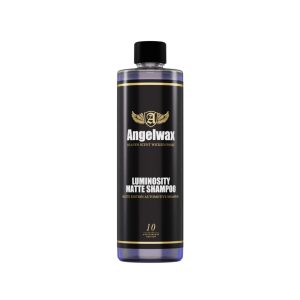 Transparent bottle containing Luminosity Matte Shampoo by Angelwax.