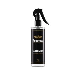 Transparent bottle containing a cleaner for convertible soft top with UV Inhibitor, called Excelsior by Angelwax.