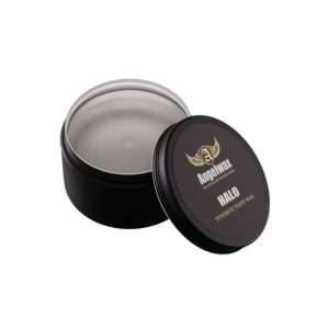 Black tin with open lid. Inside is light grey Halo Synthetic Paste Wax by Angelwax.