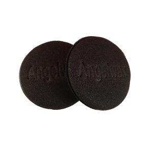 Two circular sponge foam pads in black colour and with the word Angelwax engraved.