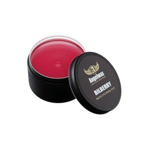 Black tin with open lid. Inside is dark pink Bilberry protective wheel wax by Angelwax.