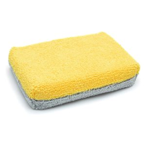 Microfiber rectangular flattish applicator block with one side in yellow and one side grey, used for ceramic coatings and wax.