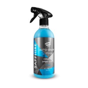 Transparent bottle containing light blue coloured liquid called Sapphire Ceramic Spray Coat