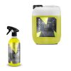 Transparent bottle and jerrycan containing yellow coloured liquid called Heliodor Interior Detailer