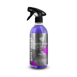 Transparent bottle containing purple coloured liquid called Amethyst Rim Cleaner