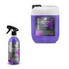 Transparent bottle and jerrycan containing purple coloured liquid called Amethyst Rim Cleaner