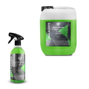 Transparent bottle and jerrycan containing green coloured liquid called Malachite Glass Cleaner