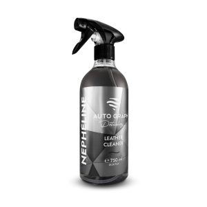 Transparent bottle containing black coloured liquid called Leather Cleaner