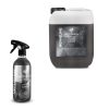 Transparent bottle and jerrycan containing black coloured liquid called Leather Cleaner