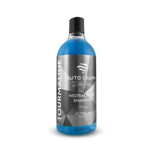 Transparent bottle containing blue coloured liquid called Tourmaline Neutral Foam Shampoo