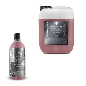 Transparent bottle and jerrycan containing red coloured liquid called Tourmaline Neutral Foam Shampoo