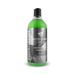 Transparent bottle containing green coloured liquid called Tourmaline Neutral Foam Shampoo