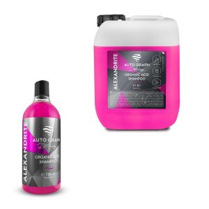 Transparent bottle and jerrycan containing pink coloured liquid called Alexandrite Organic Acid Shampoo