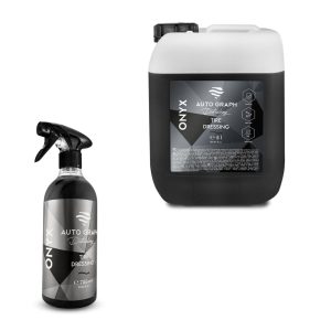 Transparent bottle and jerrycan containing black coloured liquid called Onyx Tire Dressing