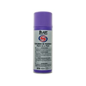 White aerosol spray can with purple cap. Contains Blast Berry Fruit by Autosmart.