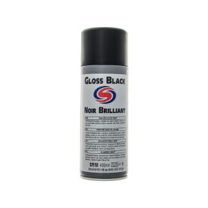 White aerosol spray can with black cap. Contains Gloss Black by Autosmart.