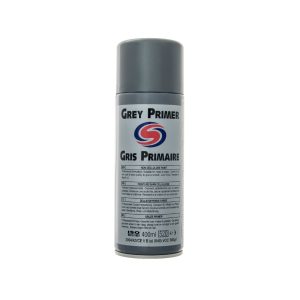 White aerosol spray can with silver cap. Contains Grey Primer by Autosmart.