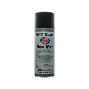 White aerosol spray can with black cap. Contains Matt Black by Autosmart.