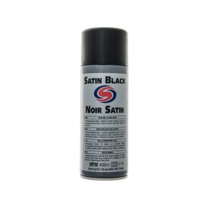 White aerosol spray can with black cap. Contains Satin Black by Autosmart.