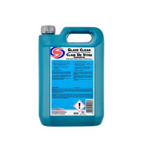 5 litre light blue plastic jerrycan containing Glass Clear by Autosmart.