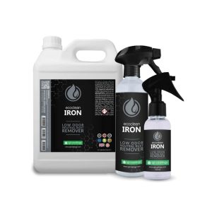 White jerrycan and two transparent bottles containing white liquid called Ecoclean Iron