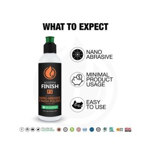 Poster style layout with bottle containing liquid called Ecoshine Finish F3 and bullet style information.