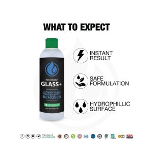 Poster style layout with bottle containing liquid called Ecoclean Glass Plus and bullet style information.