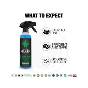 Poster style layout with bottle containing liquid called Ecoclean Glass and bullet style information.