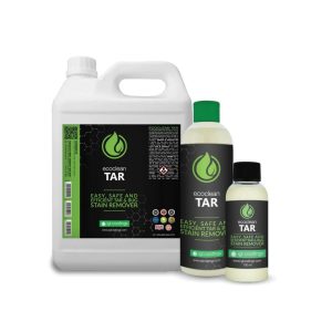 White jerrycan and two transparent bottles containing liquid called Ecoclean Tar