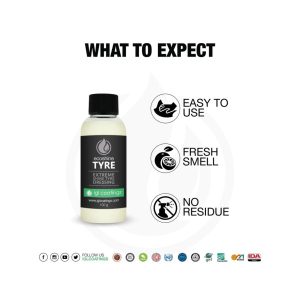 Poster style layout with bottle containing liquid called Ecoshine Tyre and bullet style information.