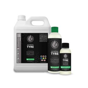 White jerrycan and two transparent bottles containing liquid called Ecoshine Tyre