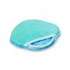 Squarish light blue mitt with rounded edges, made from microfiber cloth and with smooth edging.