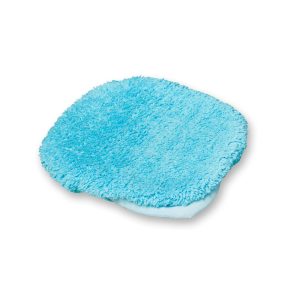 Squarish light blue mitt with rounded edges, made from microfiber cloth and with smooth edging.