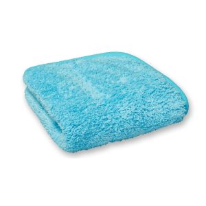 Folded light blue soft microfiber towel with smooth edge trim.