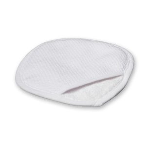 Squarish mitt with rounded edges, made from waffle-weave cloth and with smooth microfiber edging.