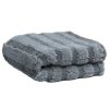 Folded light grey microfiber towel in stripes of long soft high pile and lower twisted loop stripes.